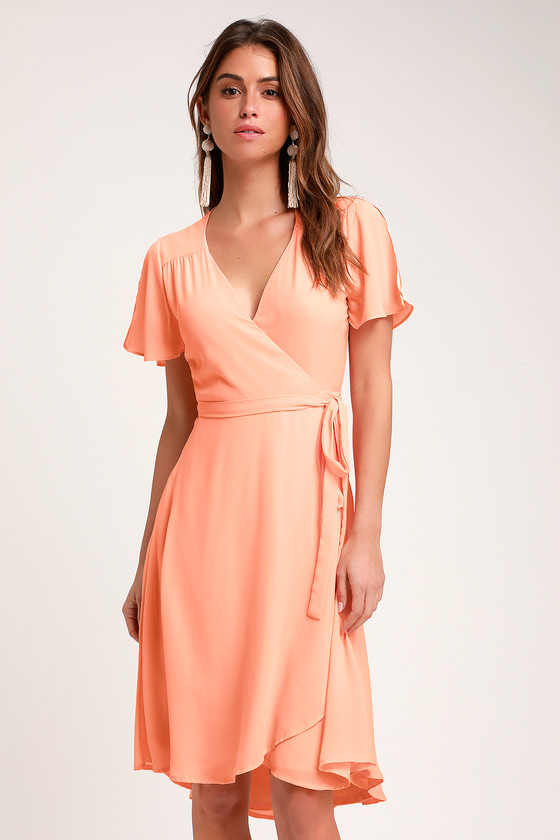 Lovely Peach Wrap Dress - Midi Wrap Dress - Midi Dress - Lulus